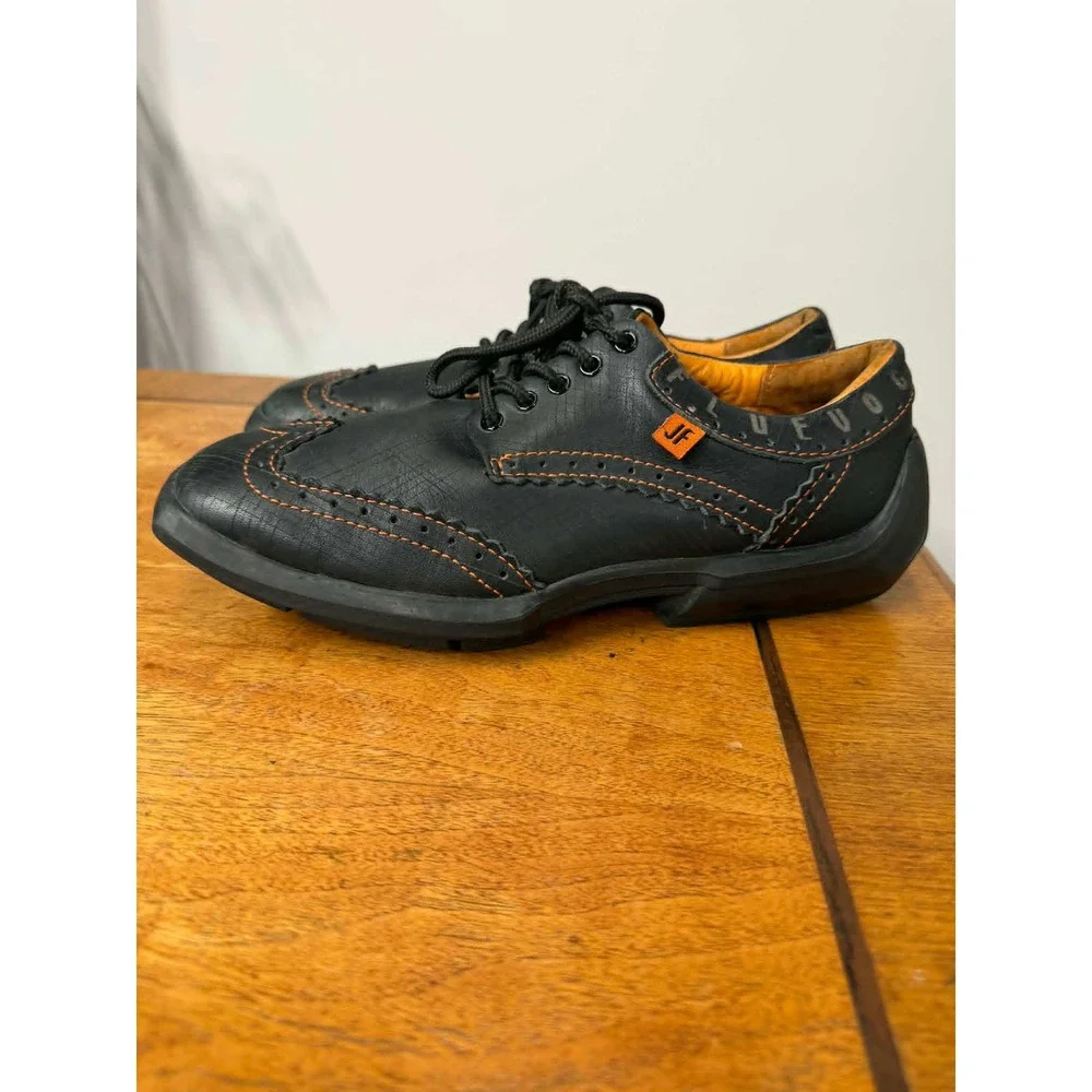 John Fluevog Mens 8 Future Angel Black‎ Leather Orange Stitch Square Toe Shoes